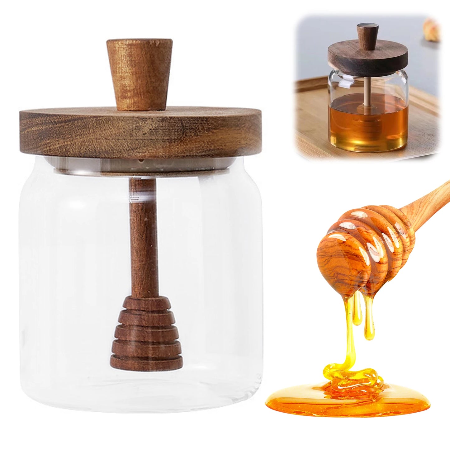 Glass Jars- Honey Jar with Wooden Dipper and Lid