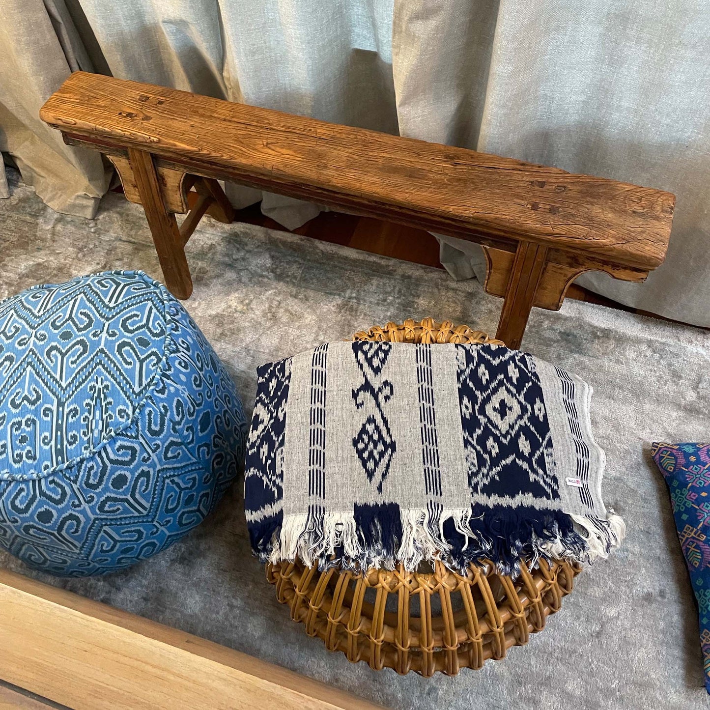 Throw Blanket Ikat Gray & Dark Blue Handwoven in Indonesia