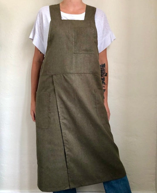 Apron- Split Leg Linen Smock Apron with Cross Back