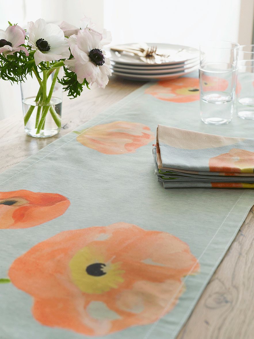 Table Runner: Peach Poppies on Grey