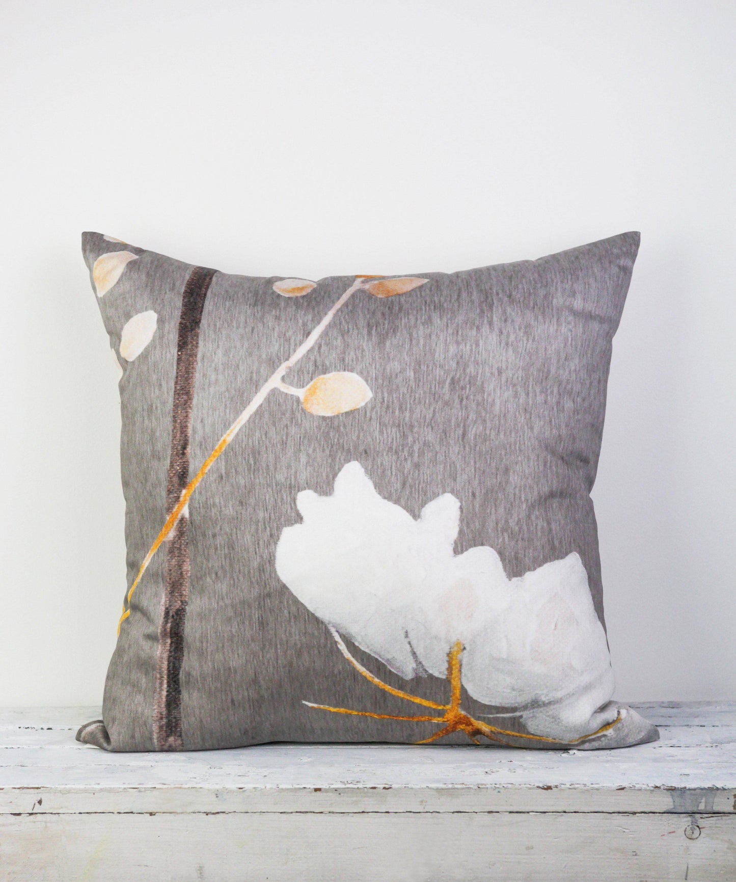 Cotton Sateen Throw Pillow: Big White Flower on Medium Grey