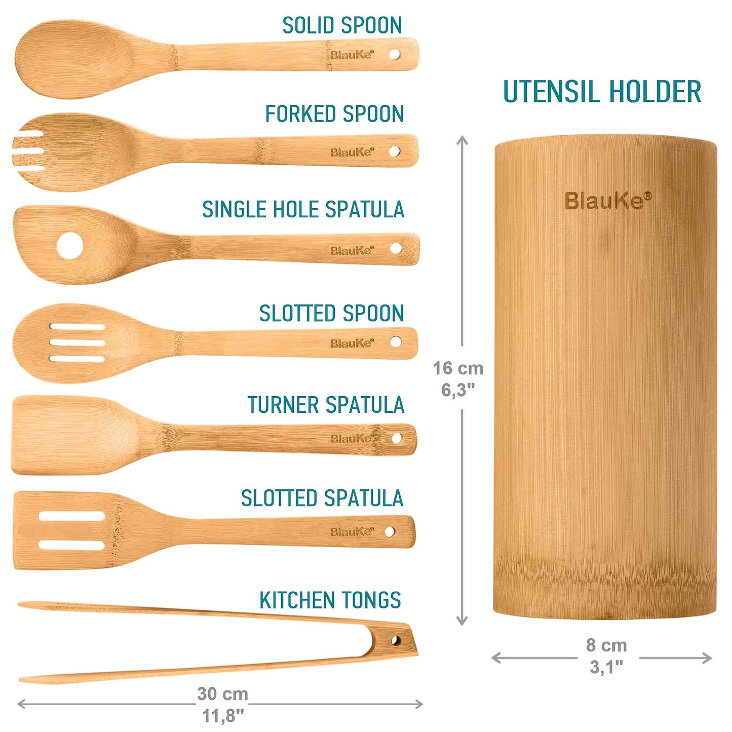 Wooden Cooking Utensils -8 piece with holder