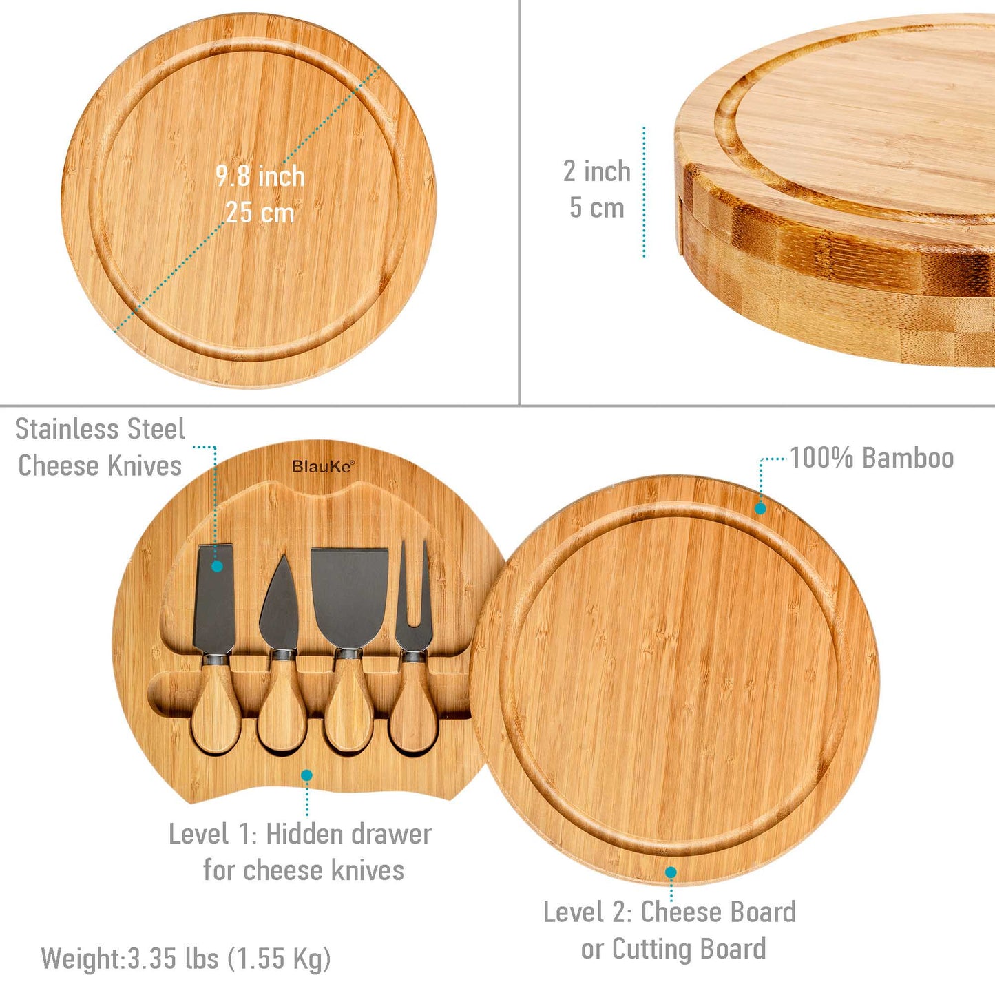 Cutting & Serving Board- Bamboo Cheese Board and Knife Set