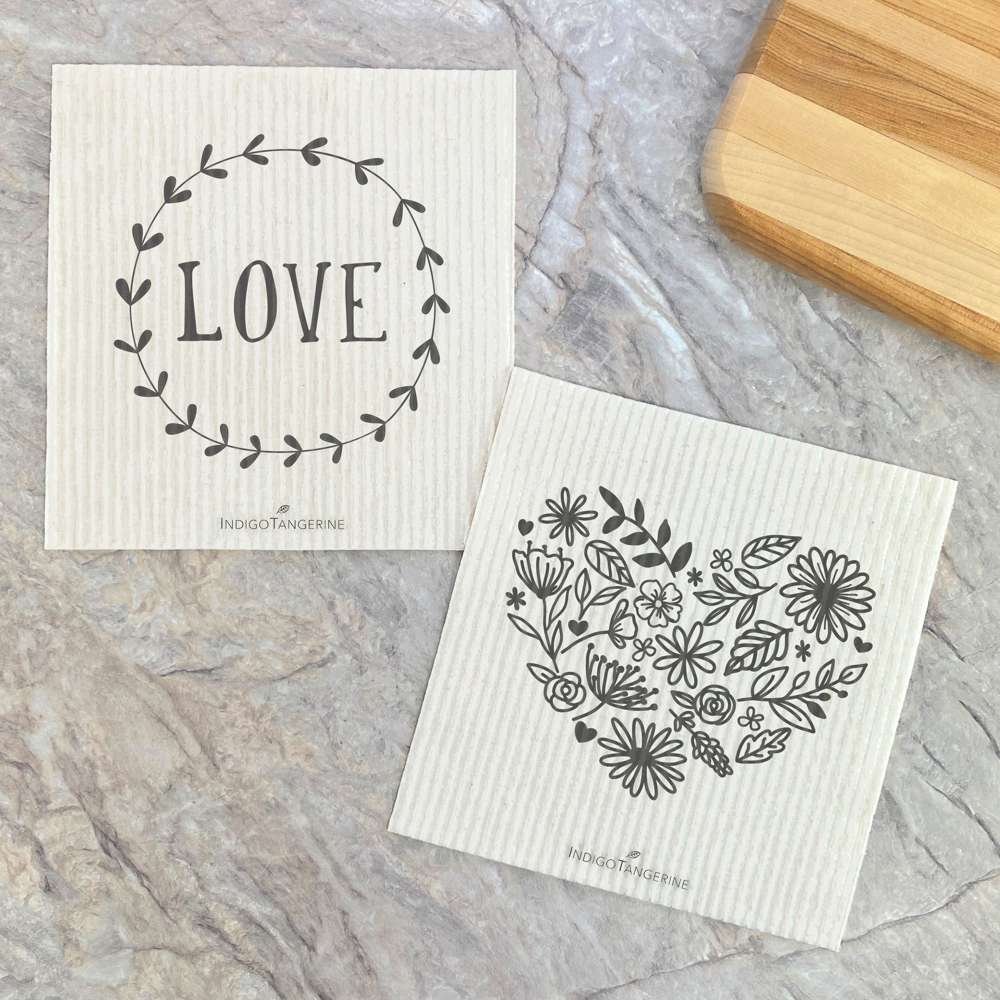 Swedish Dish Cloth- 2pk Love Simple Wreath, Heart of Flowers