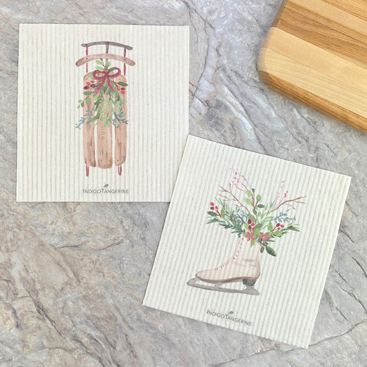 Swedish Dish Cloth- 2pk Winter Floral Ice Skate, Sled