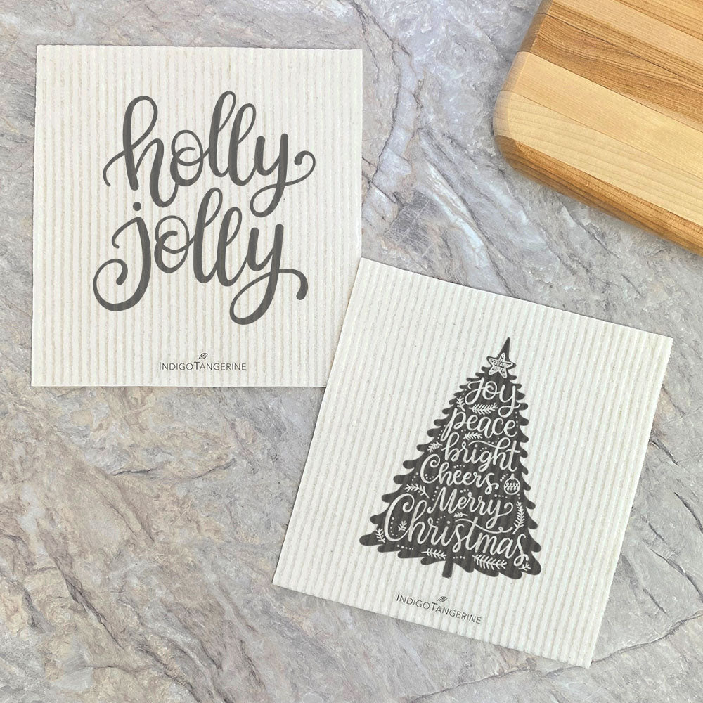 Swedish Dish Cloth- 2pk Holly Jolly, Joy Christmas Tree