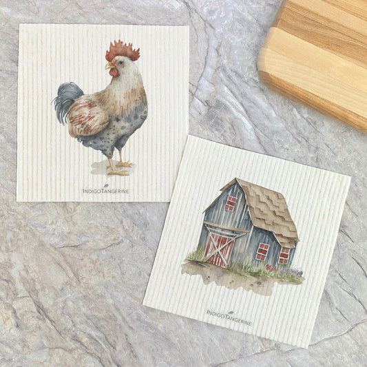 Swedish Dish Cloth- 2pk Painted Barn, Farmhouse Chicken