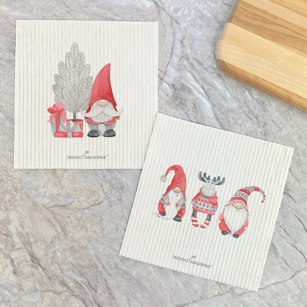 Swedish Dish Cloth- 2pk Christmas Gnomes with Moose, Tree