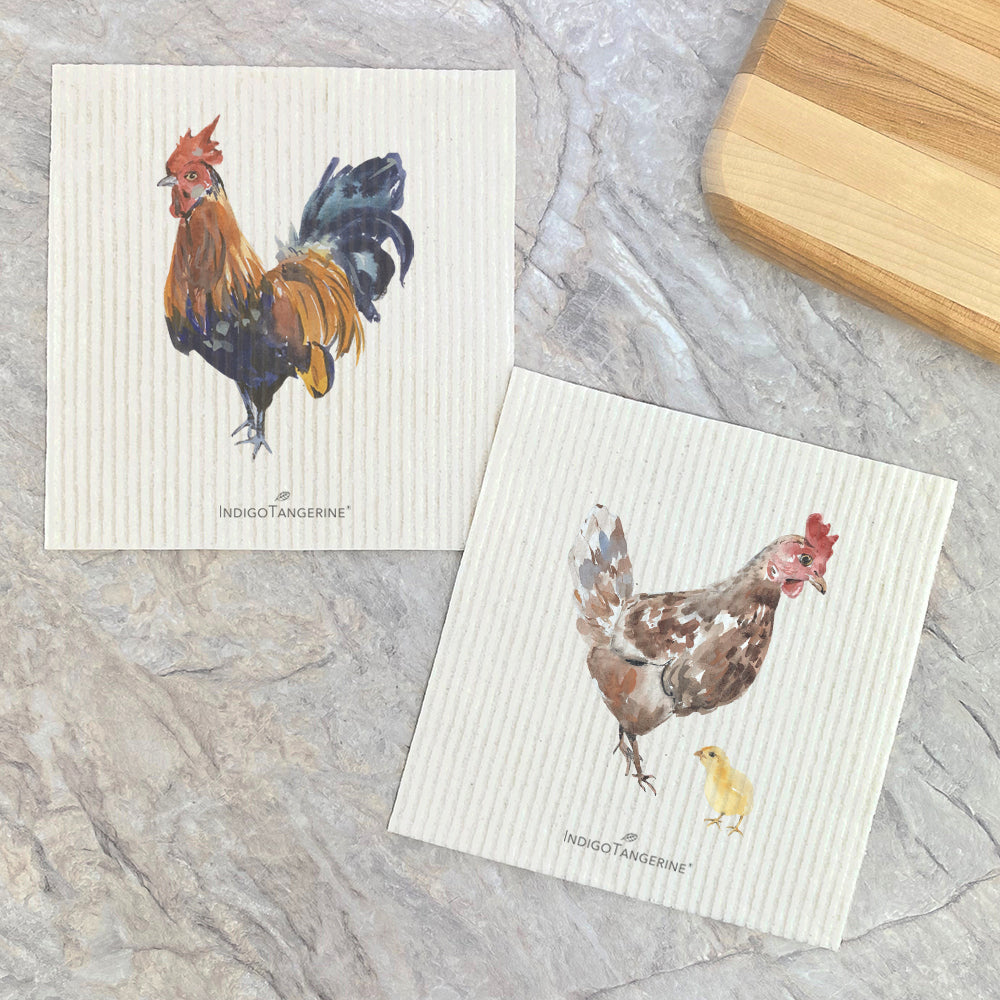 Swedish Dish Cloth- 2pk Watercolor Rooster, Hen with Chick