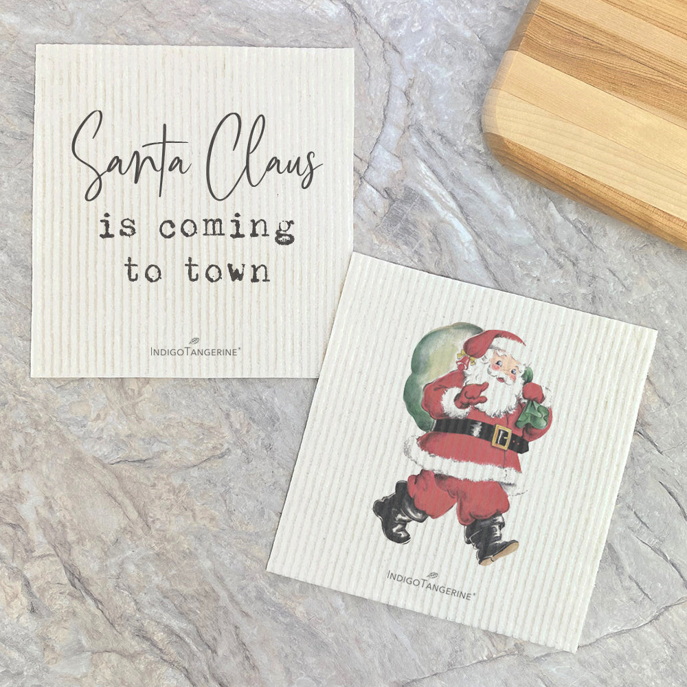 Swedish Dish Cloth- 2pk Vintage Santa, Coming to Town