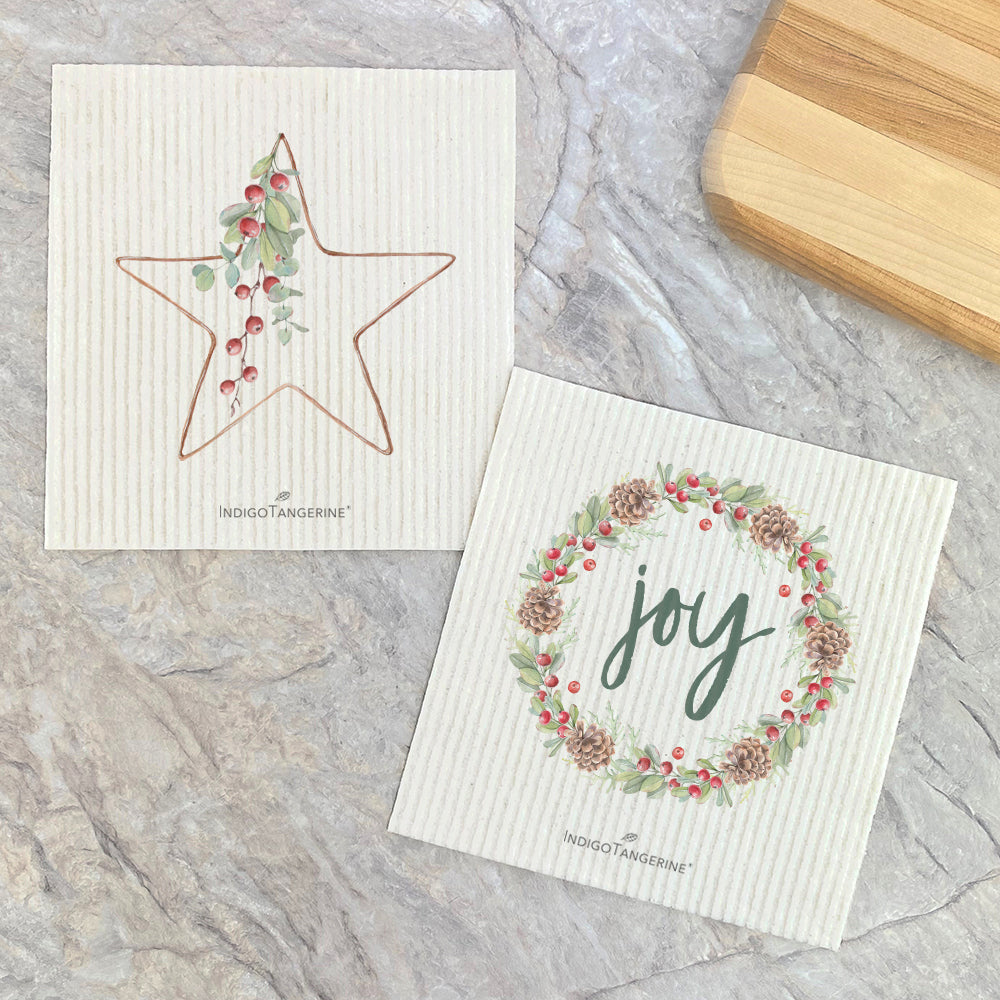 Swedish Dish Cloth- 2pk Christmas Star, Joy Wreath