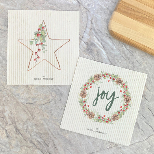 Swedish Dish Cloth- 2pk Christmas Star, Joy Wreath