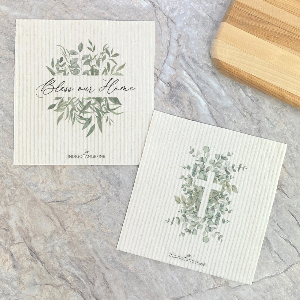 Swedish Dish Cloth- 2pk Bless our Home, Eucalyptus Cross