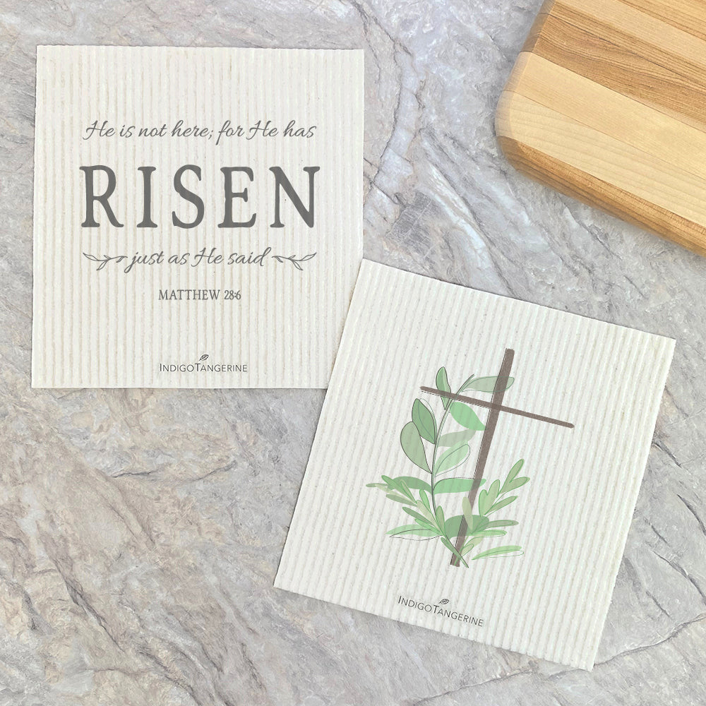 Swedish Dish Cloth- 2pk He Has Risen, Cross with Leaves