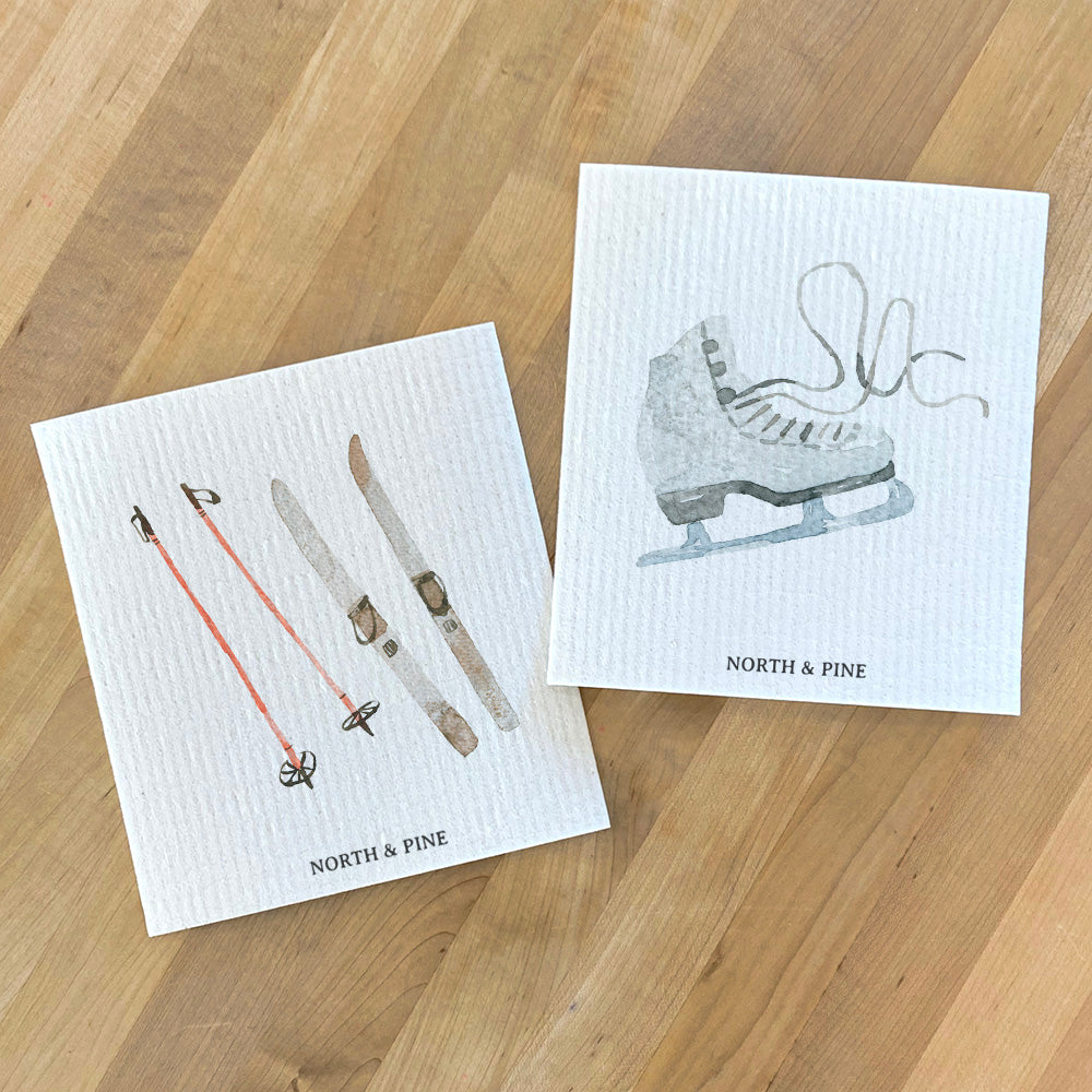Swedish Dish Cloth- 2pk Set of Watercolor Skis and Skate