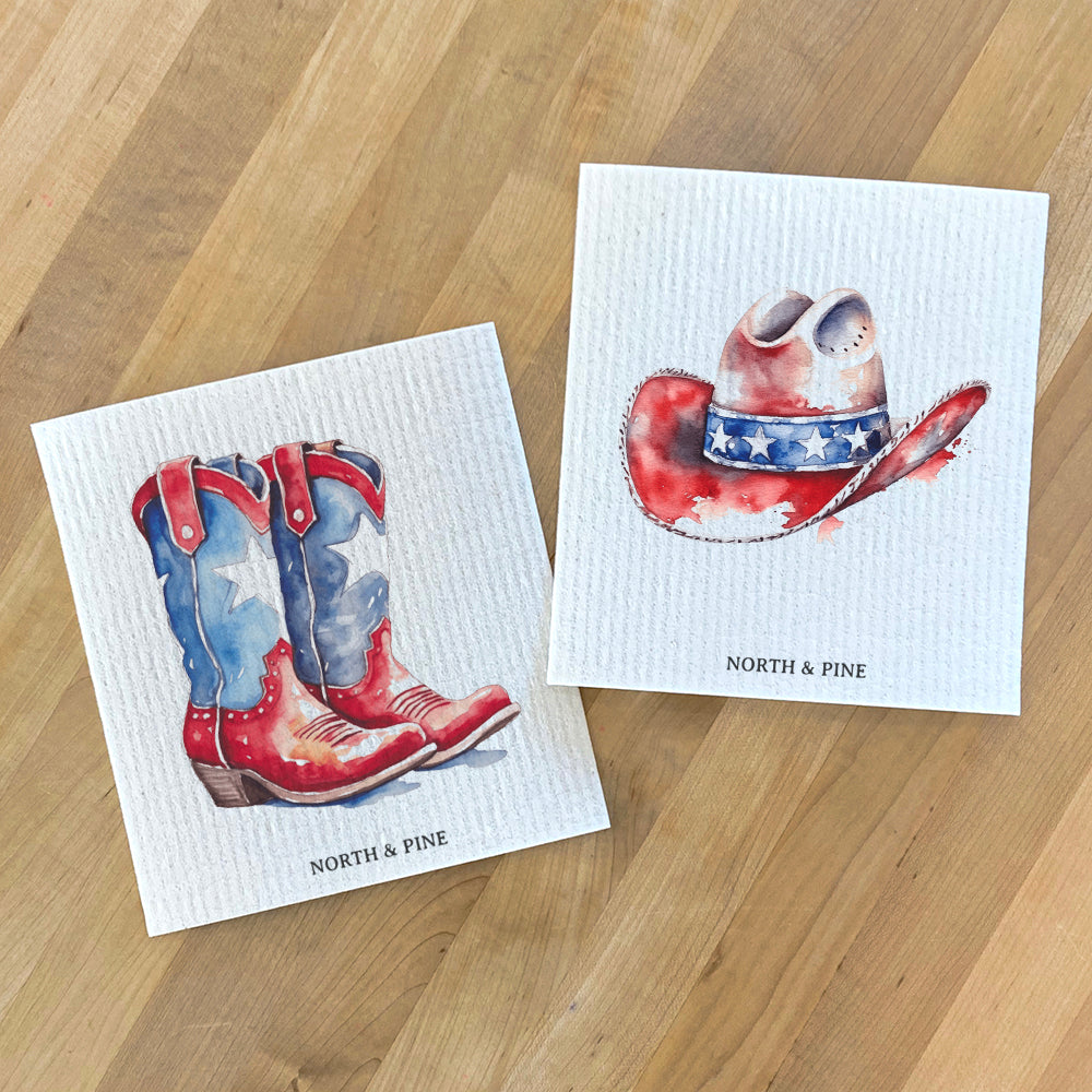 Swedish Dish Cloth- 2pk Patriotic Cowboy Boots and Hat