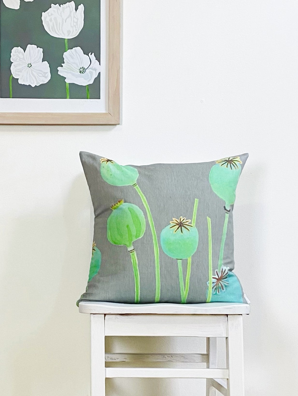 Throw Pillow: Poppy Pods on Grey