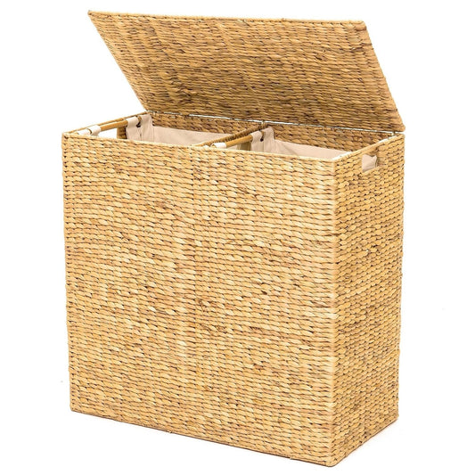 Basket- Natural 2-Bin Handwoven Laundry Hamper w/ Handles Yellow Crius