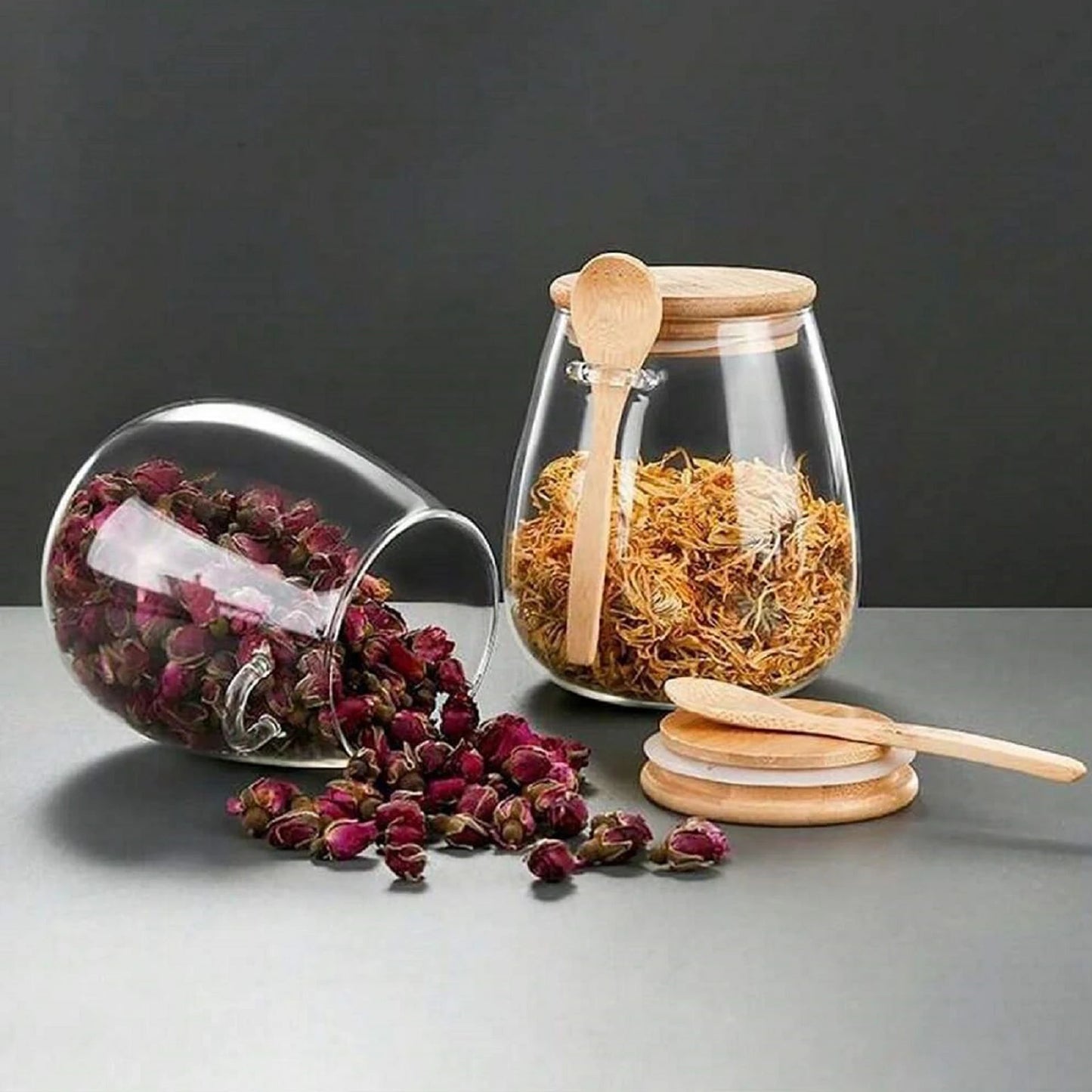 Glass Jar-  Airtight Glass Jar With wooden Lids And Spoons