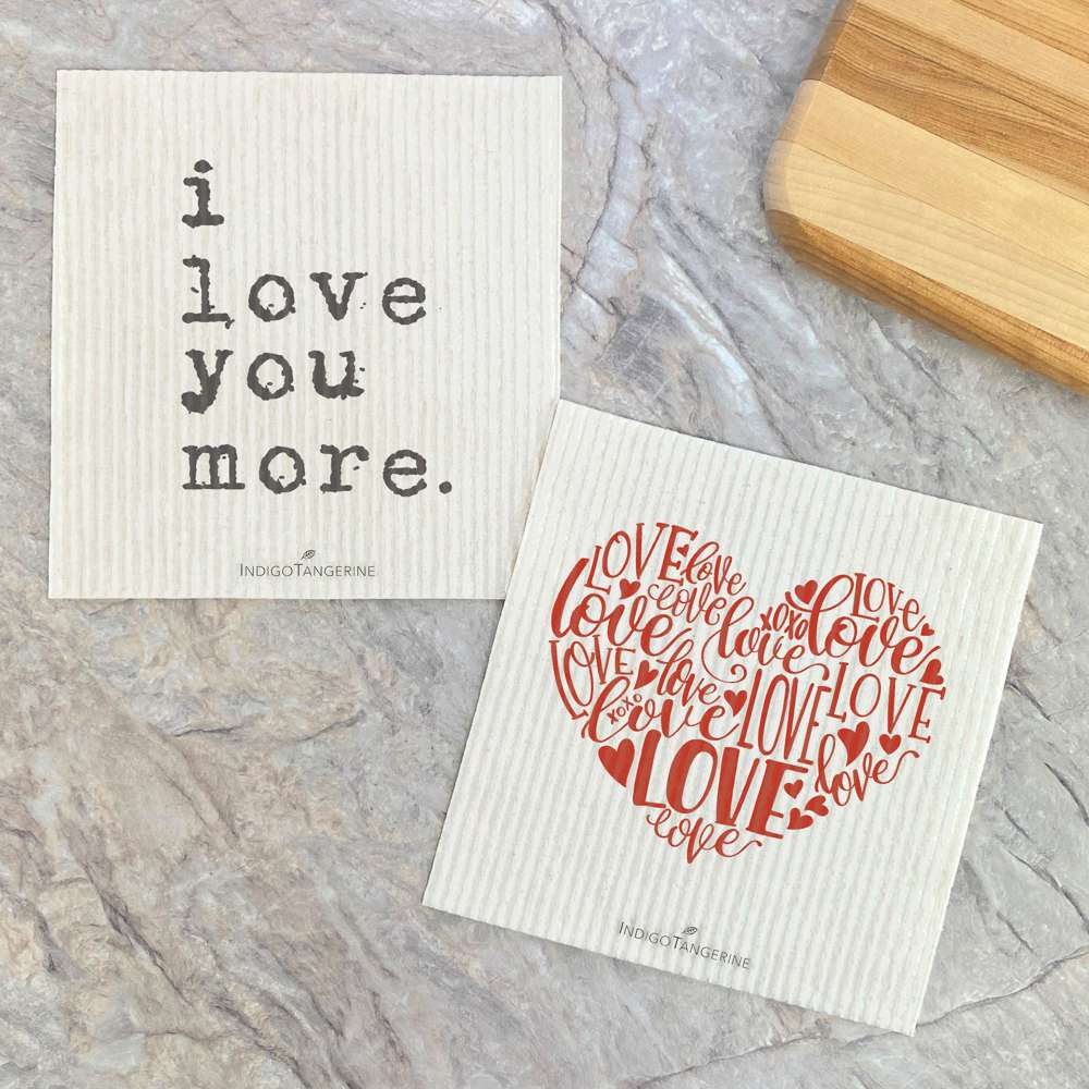 Swedish Dish Cloth- 2pk I Love You More, Red Love Heart