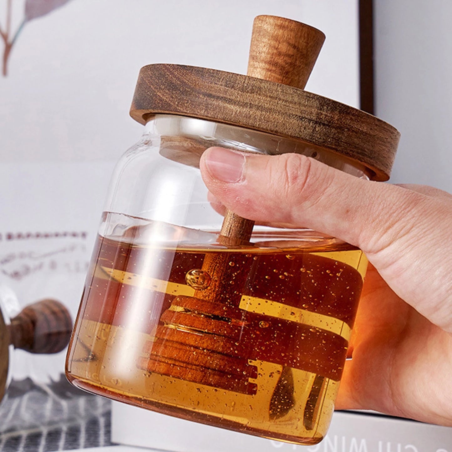 Glass Jars- Honey Jar with Wooden Dipper and Lid