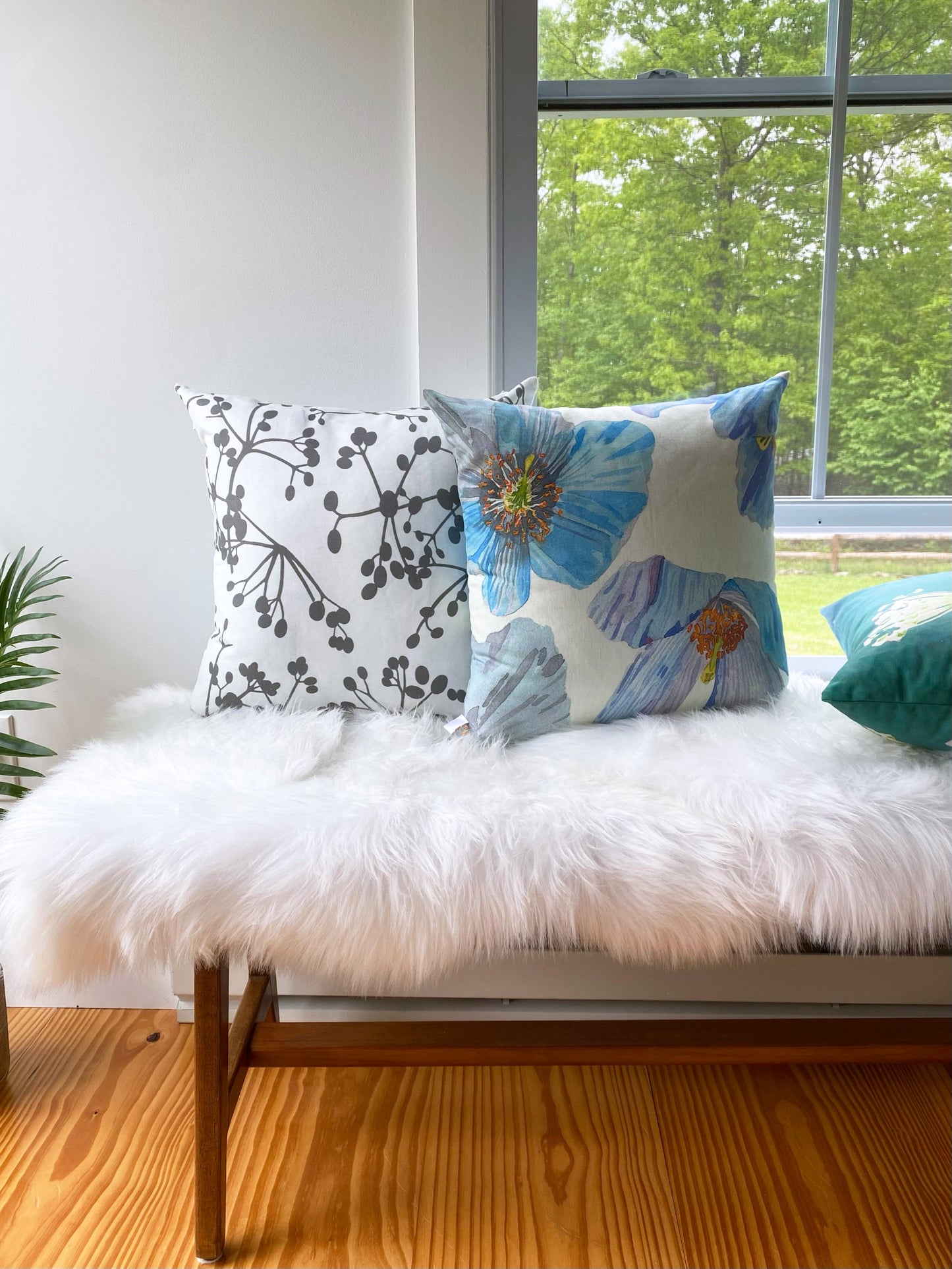 Throw Pillow: Himalayan Blue Poppies on Ecru