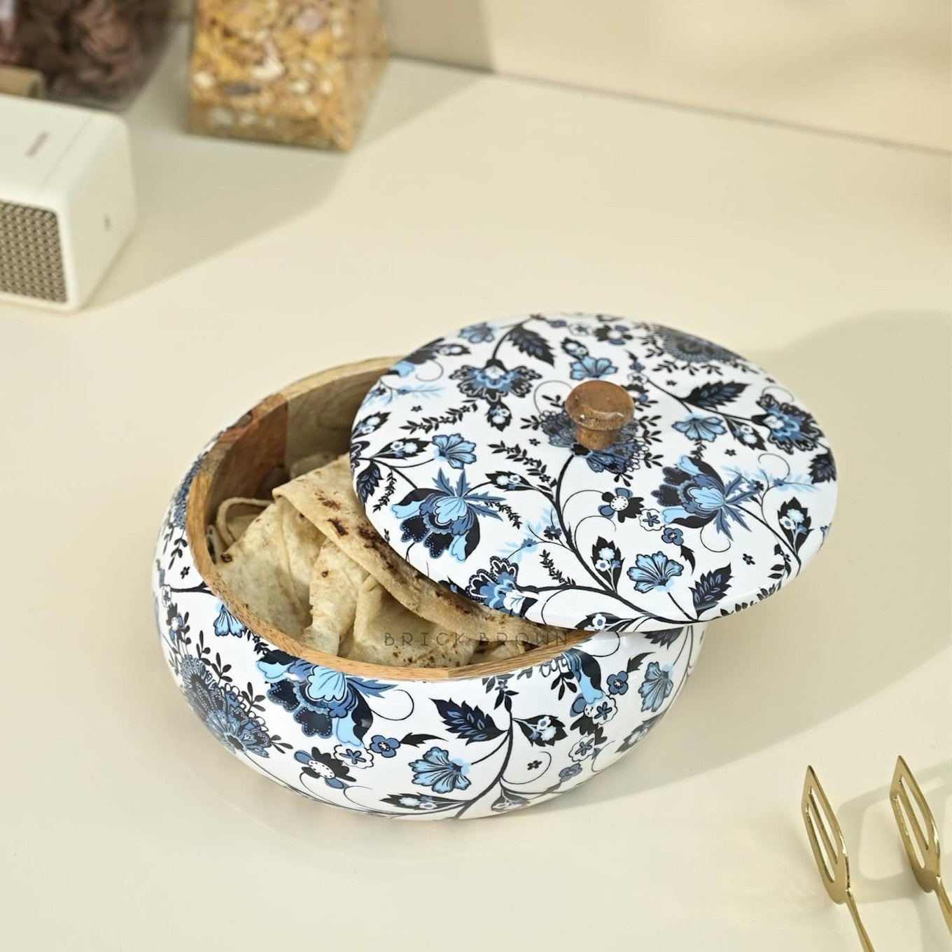 Solid Wood Floral Roti Casserole, Blue