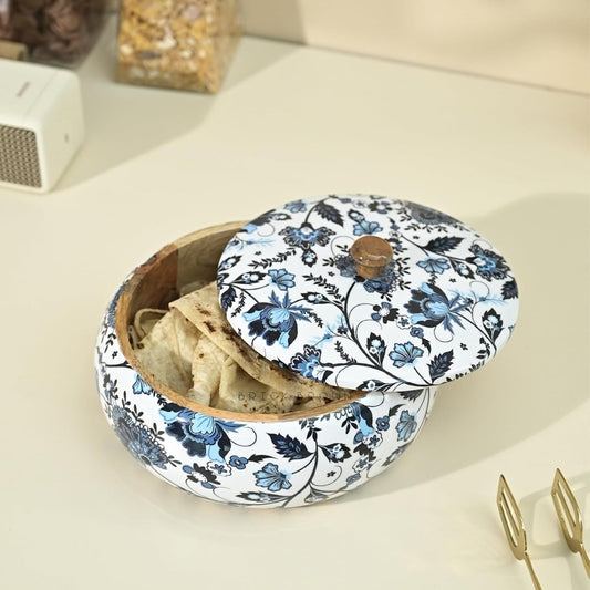 Solid Wood Floral Roti Casserole, Blue