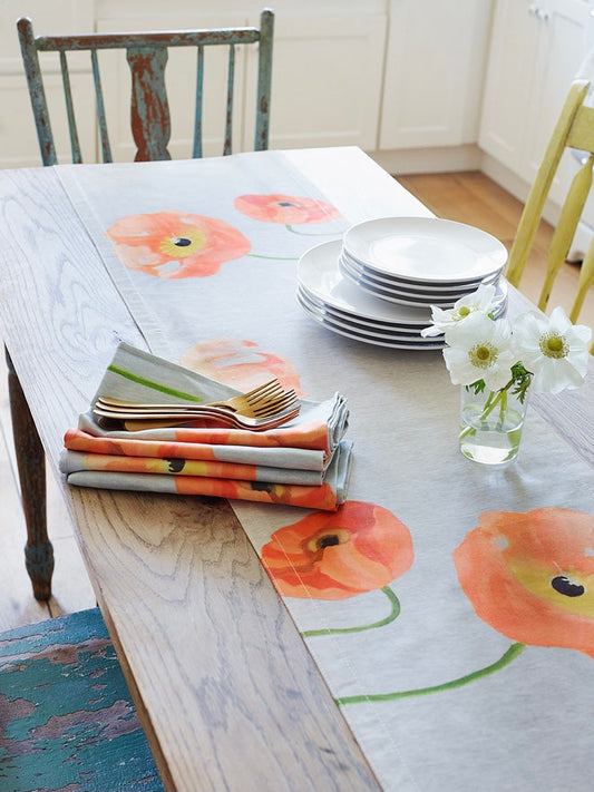 Table Runner: Peach Poppies on Grey