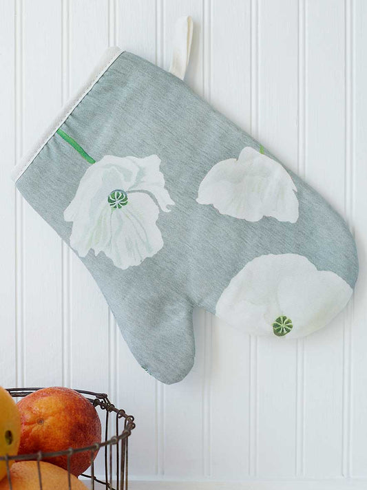 Oven Mitt: White Poppies on Grey