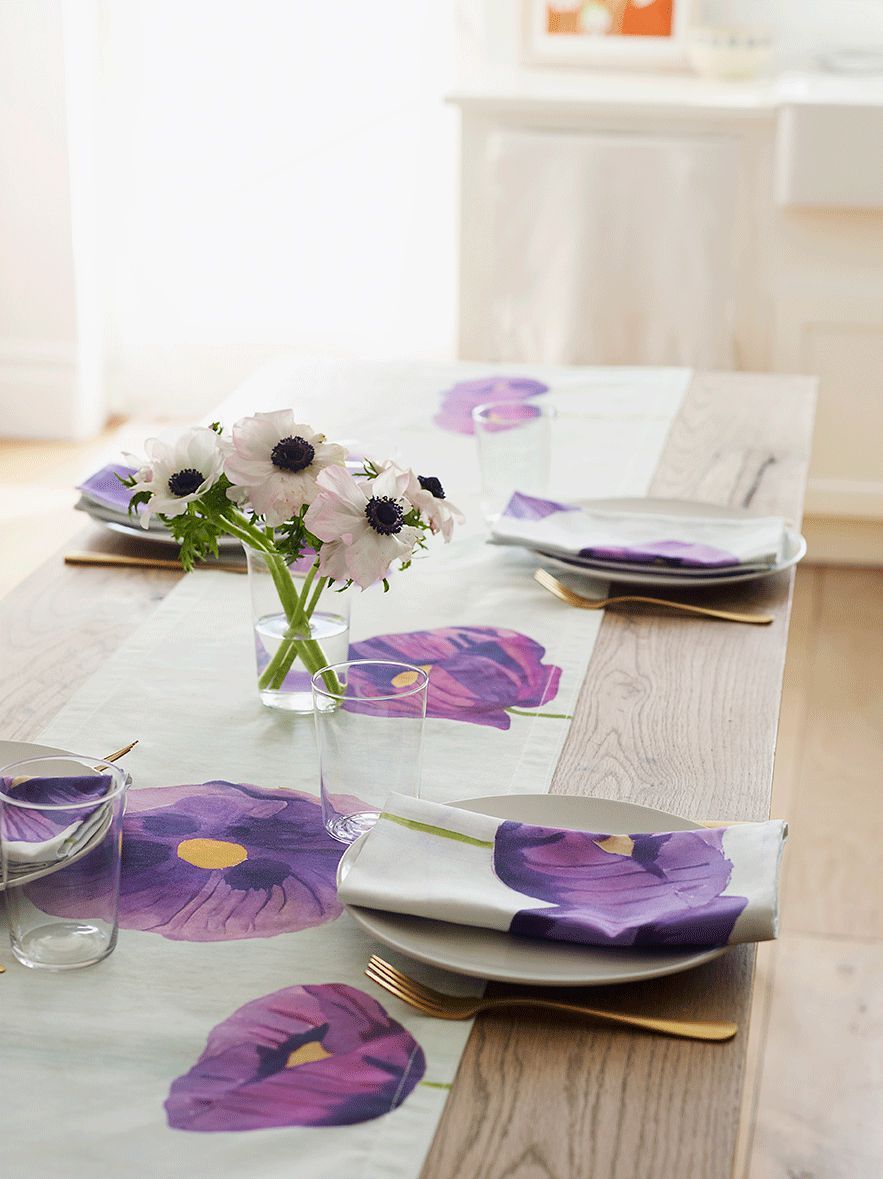 Table Runner: Purple Poppies on Snow