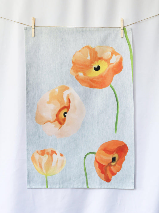 Tea Towel: Peach Poppies on Grey