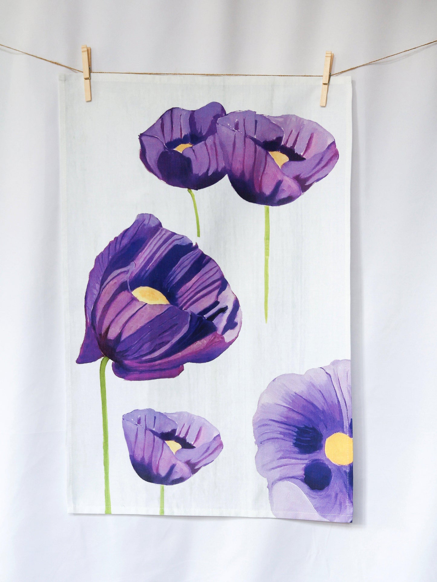 Tea Towel: Purple Poppies on Snow